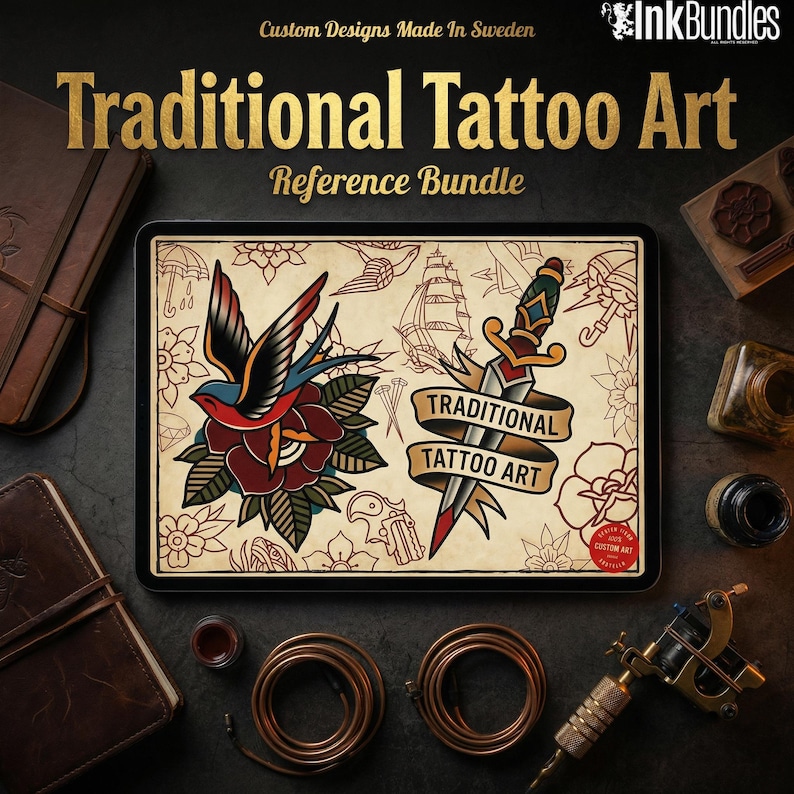 May include: A digital art reference bundle featuring traditional tattoo designs. The image displays a tablet with tattoo flash art, including a swallow and rose, and a dagger with a banner. The text reads "Traditional Tattoo Art" and "Reference Bundle."