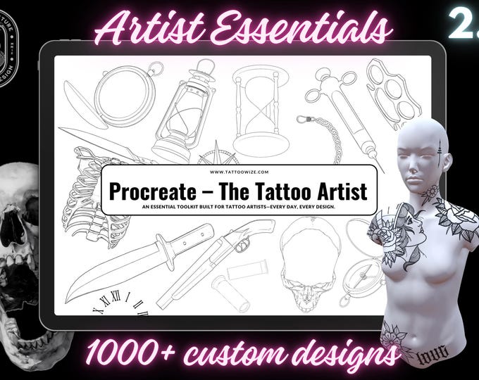 Procreate / The Artist Essentials, custom made design kit,! free to use for tattoo work and references! 1000+ elements!