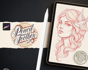 May include: A white digital stylus positioned next to a tablet displaying a red-toned line art illustration of a woman with a bird in her hair. The image features the text "AUTHENTIC PROCREATE BRUSHES — HANDCRAFTED WITH PRECISION" and "Pencil Toolbox".