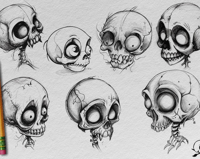 The skull sketchbook ~ 500+ skull designs, new-school skulls, cartoon skulls, cute skull references for Procreate, Boneyard Buddies vol.1