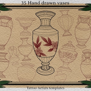 Puede incluir: Una colección de 35 diseños de tatuajes de jarrones dibujados a mano. Los jarrones son de varios estilos, incluyendo ánforas griegas clásicas, urnas ornamentadas y formas cilíndricas simples. Algunos de los jarrones presentan diseños florales.