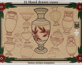 Procreate tattoo art, 35 vases drawn by hand ~ ready made tattoo templates