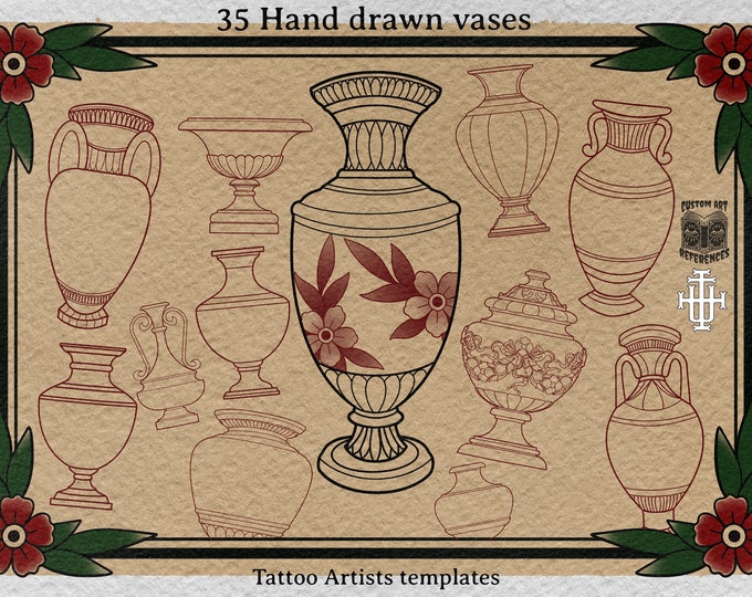 Procreate tattoo art, 35 vases drawn by hand ~ ready made tattoo templates
