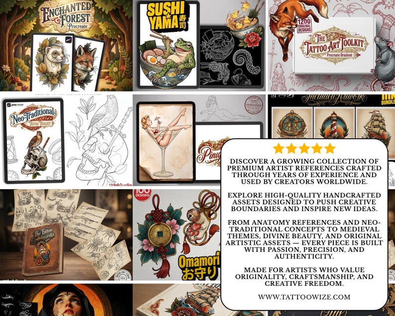 May include: A collection of digital art references and Procreate brushes for tattoo artists. The image showcases various designs, including neo-traditional, Japanese, and botanical themes. The text on the image says "The Tattoo Art Toolkit".