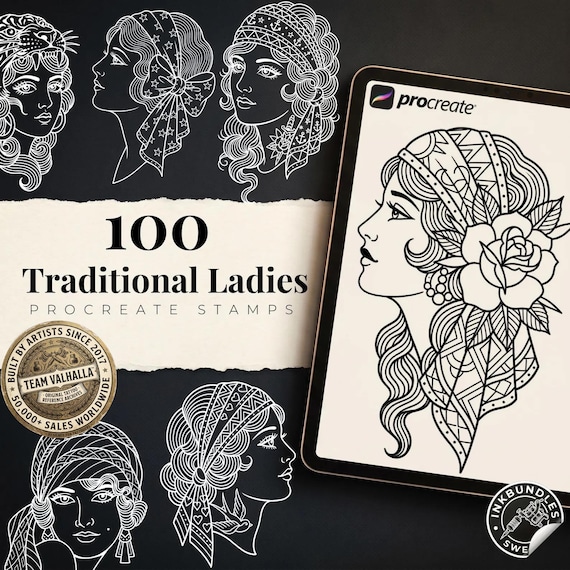 Procreate Traditional Portrait - PDF + PNG, traditional / old school lady Stencils & Flash Art