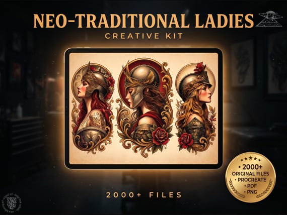 Neo-Traditional Lady Tattoo Design Kit: 2000+ Procreate Stamps, SVG & PNG Files
