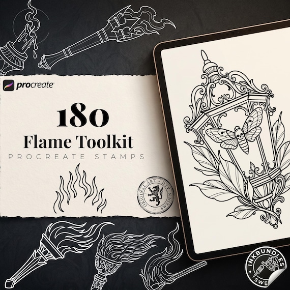 Fire & Torch Tattoo Toolkit, Flame, Lamp PNG Procreate Bundle, Tattoo Flash Brushset for Artists