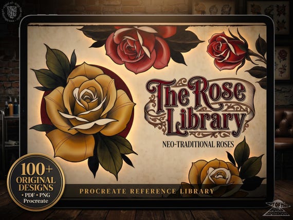 Neo Traditional Tattoo Bundle | Rose Stencils & Flash | Procreate + PNG, Ebook| Roses Art |