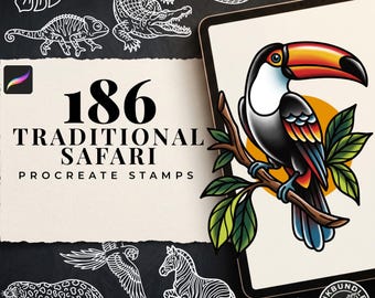 May include: A digital collection of 186 traditional safari Procreate stamps featuring white line art of a crocodile, chameleon, leopard, zebra, and parrot. A tablet displays a colorful toucan illustration perched on a branch against a yellow sun.
