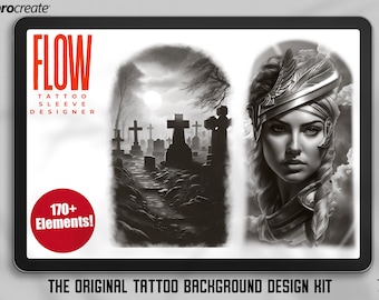 Procreate, Flow / tattoo Background design kit, 170+ unique procreate brushes & stamps