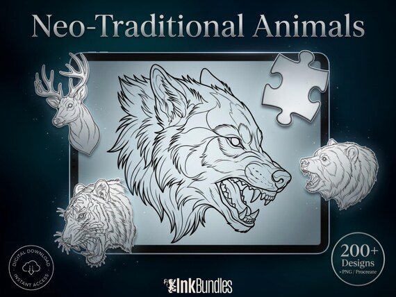 Procreate Neo Traditional Animal Tattoo Design Reference Kit,  Brushset & PNG, original stencils