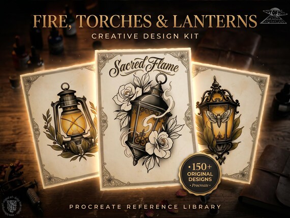 Fire & Torch Tattoo Toolkit, Flame, Lamp PNG Procreate Bundle, Tattoo Flash Brushset for Artists