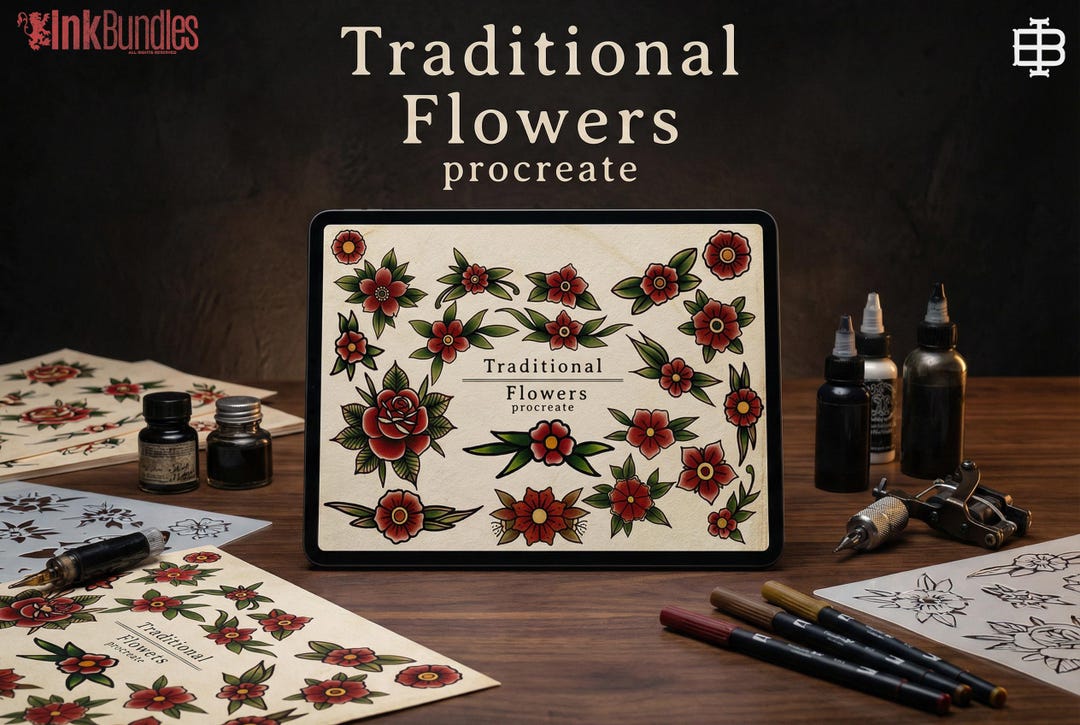 100 Tattoo Inspired Flowers Drawn by Hand - .svg .png .ai & Procreate ...