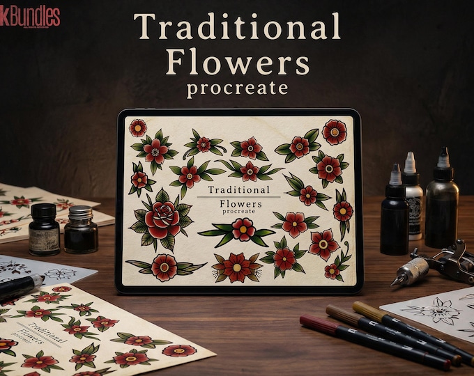100 tattoo inspired flowers drawn by hand - .svg .png .ai & Procreate format included