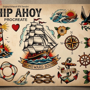 Procreate, Ship Ahoy! 100+ tattos, outlined tattoo ideas, hand drawn art