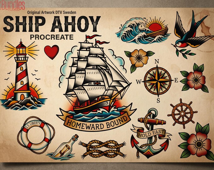 Procreate, Ship Ahoy! 100+ tattos, outlined tattoo ideas, hand drawn art
