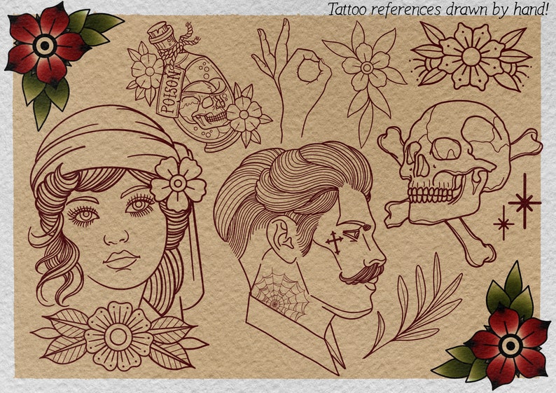 Tattoo stencil collection XL, over 600 designs drawn by hand References for Procreate image 3