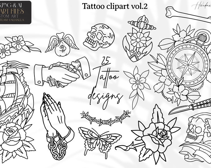 Traditional tattoo clipart vol.2 / outlined handmade tattoo inspired design bundle for stickers, prints, cutting. Format AI. SVG. PNG.