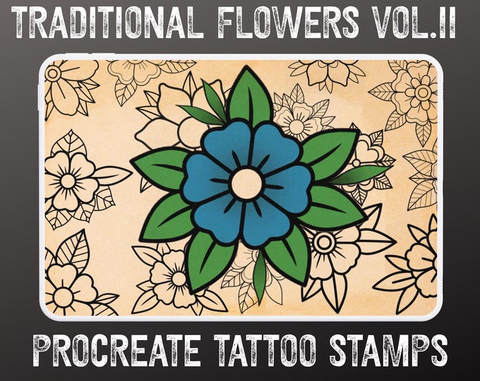 Traditional Tattoo Flowers 2 | 106 files – Procreate Stamps | Old School Clipart – PNG, SVG, EPS