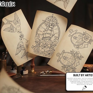 May include: Vintage-style tattoo art prints featuring nautical and avian designs. The prints include a ship, compass, anchor, roses, and swallows. The text "HOMEWARD BOUND" is visible on one print. The prints are on aged paper.