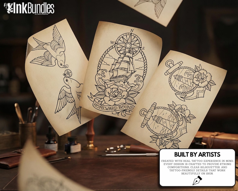 May include: Vintage-style tattoo art prints featuring nautical and avian designs. The prints include a ship, compass, anchor, roses, and swallows. The text "HOMEWARD BOUND" is visible on one print. The prints are on aged paper.
