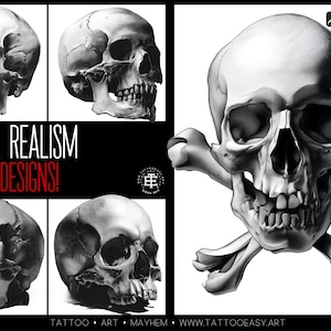 Może przedstawiać: Czarno-białe ilustracje czaszek z tekstem "SKULL REALISM 100 DESIGNS!". Obraz zawiera szczegółową czaszkę z skrzyżowanymi kośćmi i inne renderowania czaszek. Projekt jest przeznaczony do sztuki tatuażu.