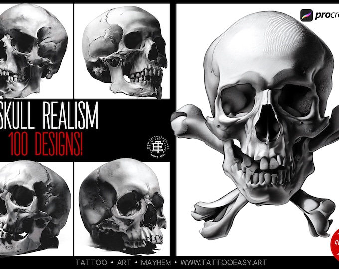 Skull Realism, 100 custom made designs, skull tattoo flash, procreate tattoo stamps, custom art, skull design bundle