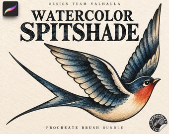 May include: A digital graphic featuring a watercolor-style swallow bird in flight with blue, black, and red plumage. The text reads DESIGN TEAM VALHALLA WATERCOLOR SPITSHADE PROCREATE BRUSH BUNDLE. A Procreate app icon is in the top left corner.