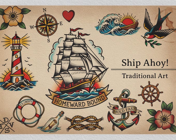Procreate, Ship Ahoy! 100+ tattos, outlined tattoo ideas, hand drawn art