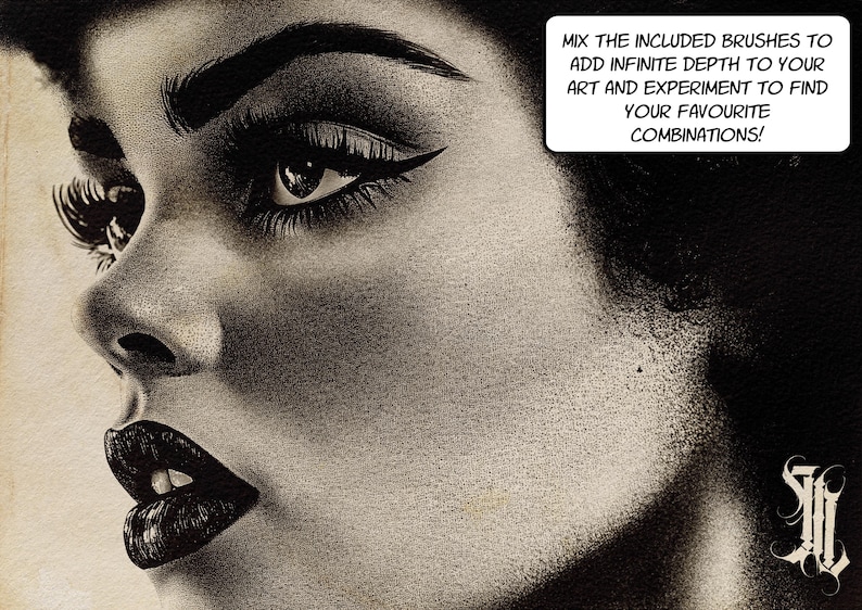 May include: A black and white illustration of a woman's face with dramatic makeup. The image is textured and has a vintage feel. The text "MIX THE INCLUDED BRUSHES TO ADD INFINITE DEPTH TO YOUR ART AND EXPERIMENT TO FIND YOUR FAVOURITE COMBINATIONS!" is written in a white box in the upper right corner of the image.