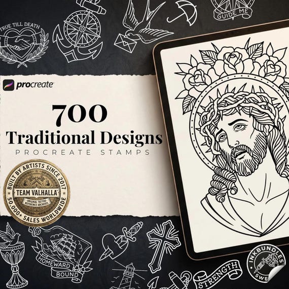 Procreate Traditional tattoo art XL, 700+ designs drawn by hand ( digital download )