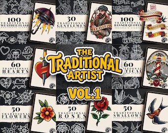 May include: A digital collection titled The Traditional Artist Vol. 1 featuring various Procreate stamp sets. The image displays multiple cards with traditional tattoo-style illustrations including weather icons, gentlemen, banners, hearts, nautical themes, flowers, roses, and swallows.