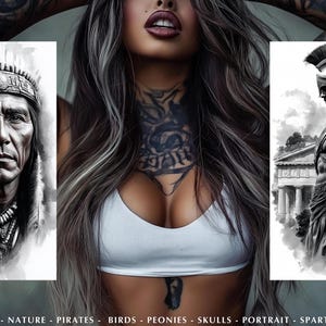 Pu&ograve; includere: Composizione di arte digitale con un ritratto di nativo americano, una donna tatuata e un guerriero spartano. La donna ha lunghi capelli grigi e una parte superiore bianca. Il testo in basso recita: RELIGIOUS - NATURE - PIRATES - BIRDS - PEONIES - SKULLS - PORTRAIT - SPARTAN - NATIVE.