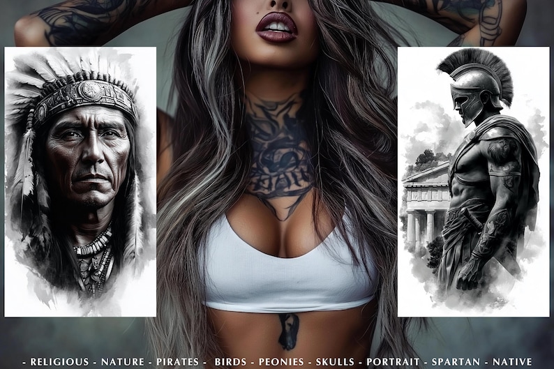 Pu&ograve; includere: Composizione di arte digitale con un ritratto di nativo americano, una donna tatuata e un guerriero spartano. La donna ha lunghi capelli grigi e una parte superiore bianca. Il testo in basso recita: RELIGIOUS - NATURE - PIRATES - BIRDS - PEONIES - SKULLS - PORTRAIT - SPARTAN - NATIVE.