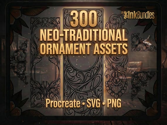 Neo-Traditional Tattoo Ornament Bundle for Procreate | 300 Acanthus Leaves, Frames, SVG PNG Assets