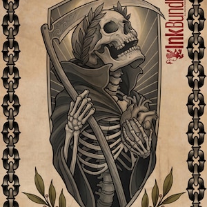 May include: A tattoo-style illustration of a skeleton holding a heart and a scythe, framed by a decorative chain border. The skeleton wears a hooded cloak and a laurel wreath. The image has a vintage, gothic aesthetic.