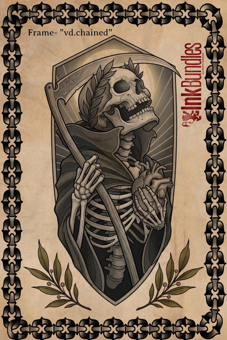 May include: A tattoo-style illustration of a skeleton holding a heart and a scythe, framed by a decorative chain border. The skeleton wears a hooded cloak and a laurel wreath. The image has a vintage, gothic aesthetic.