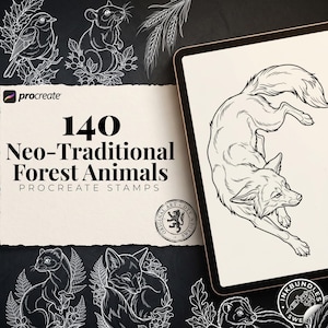 May include: A digital collection of 140 Neo-Traditional Forest Animals Procreate stamps featuring white line art illustrations of a fox, bird, mouse, and other woodland creatures on a black background, displayed on a tablet screen.
