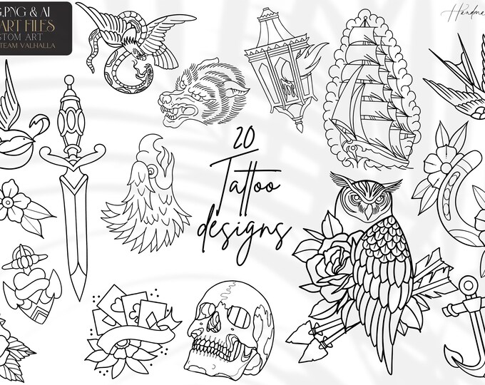 Traditional tattoo clipart / outlined handmade tattoo inspired design bundle for stickers, prints, cutting. Format AI. SVG. PNG.