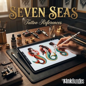 May include: An image featuring the text "SEVEN SEAS Tattoo References" in gold lettering. A digital tablet displays mermaid tattoo designs. Tattoo equipment, including ink bottles and tattoo machines, is arranged on a wooden desk.