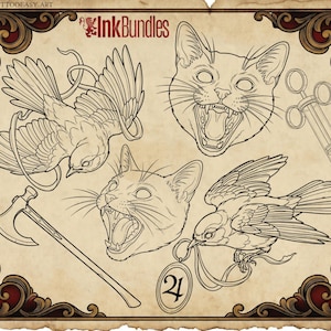 May include: InkBundles tattoo art design featuring a collection of line art illustrations. The image includes a bird with wings, a cat's head with an open mouth, an axe, and a syringe. The artwork is in black and white on a vintage-style background.