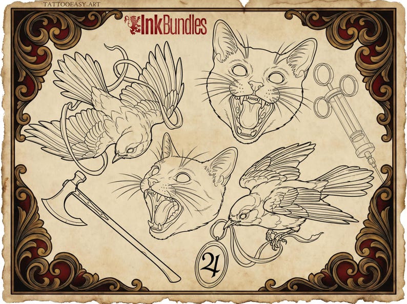 May include: InkBundles tattoo art design featuring a collection of line art illustrations. The image includes a bird with wings, a cat's head with an open mouth, an axe, and a syringe. The artwork is in black and white on a vintage-style background.