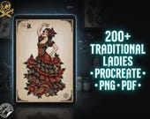 200+ Traditional Tattoo Ladies for Procreate | Old School Flash Stencils, Trad Girls Bundle