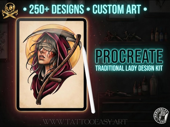 250+ Traditional Tattoo Lady Creator for Procreate | Old School Flash Stencils, DIY Assets & Brushset