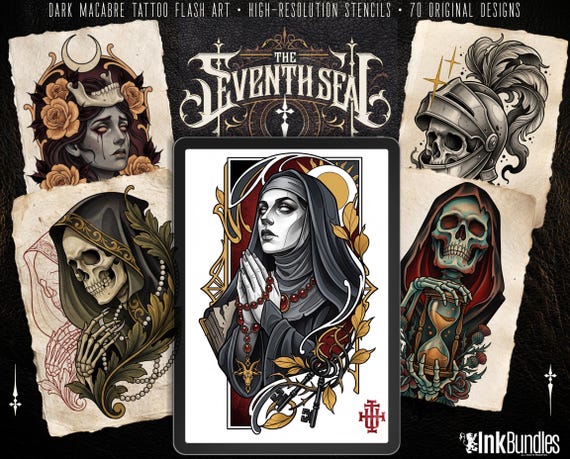 Seventh Seal, Dark Macabre Tattoo Art, Neo-Traditional Procreate Stamps, Tattoo Stencils