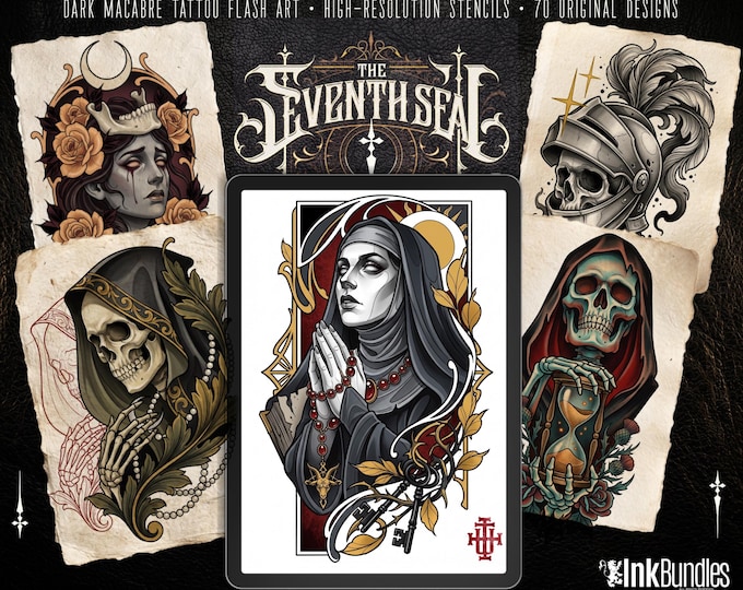Seventh Seal, Dark Macabre Tattoo Art, Neo-Traditional Procreate Stamps, Tattoo Stencils