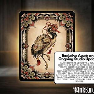 May include: Digital artwork of a crane with a red mask and decorative elements, displayed on a tablet. The artwork is framed with a detailed border in shades of green, red, and brown. Text on the screen reads "Exclusive Assets and Ongoing Studio Updates."