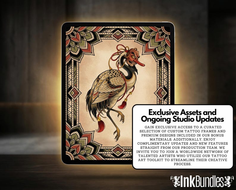 May include: Digital artwork of a crane with a red mask and decorative elements, displayed on a tablet. The artwork is framed with a detailed border in shades of green, red, and brown. Text on the screen reads "Exclusive Assets and Ongoing Studio Updates."
