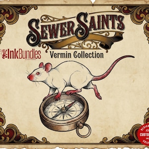 Può includere: Illustrazione di un ratto bianco con orecchie, naso e zampe rosse, in piedi su una bussola. L'immagine è incorniciata con bordi ornati e include il testo "Sewer Saints" e "Vermin Collection".