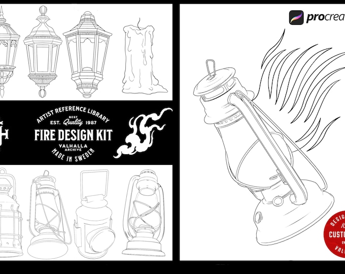 Lamps, Torches, Fire, smoke, candles, decoration and stuff for Procreate, 150~200 elements, The fire design kit